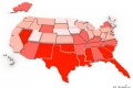 Red = unhealthiest states, White = healthiest states, based on 21 health factors measured in 2005. Health Care State Rankings, Morgan Quinto Press