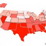 Red = unhealthiest states, White = healthiest states, based on 21 health factors measured in 2005. Health Care State Rankings, Morgan Quinto Press